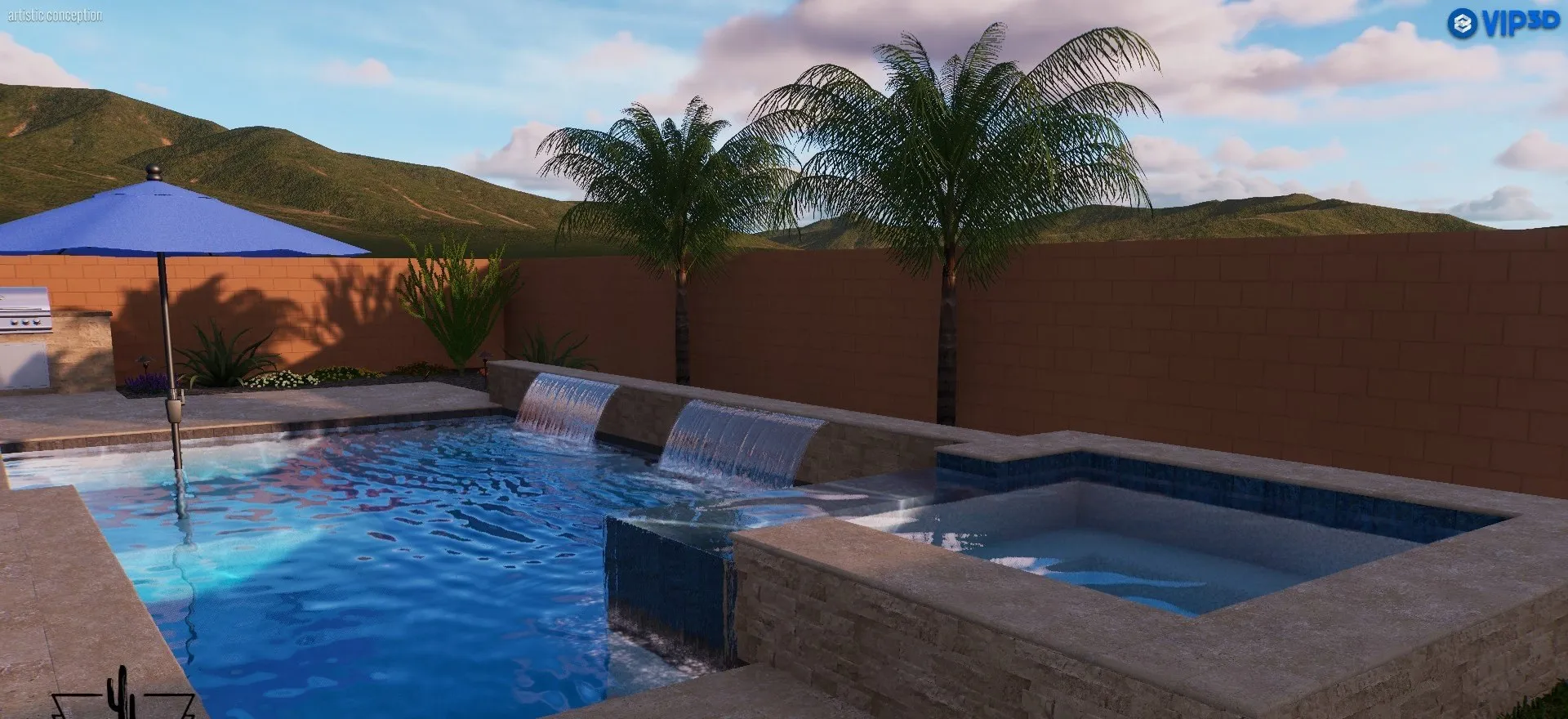 3D rendering of a rectangular pool with twin sheer descents and a stacked stone raised spa.