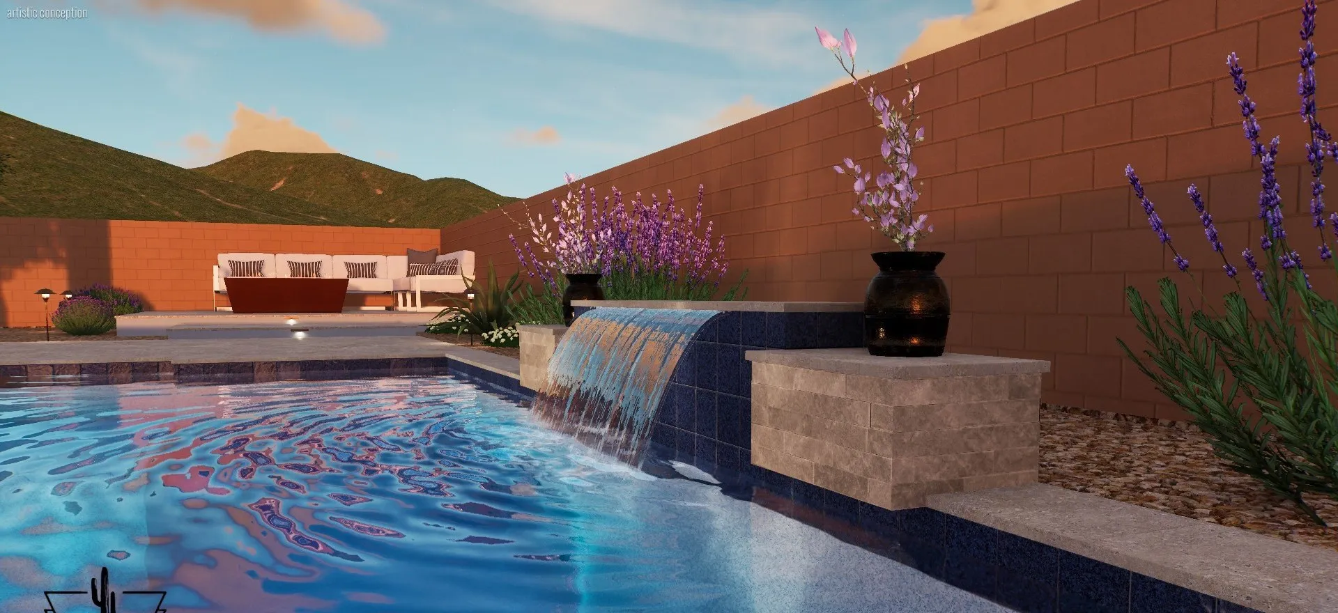 3D rendering of a sheer descent between stacked stone pillars topped with planters at dusk.