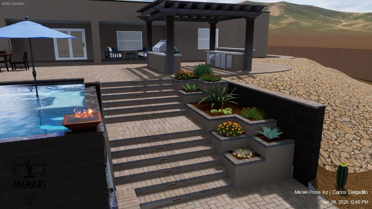 3D rendering of a backyard with a raised pool, fire bowl, tiered planters and a ramada with outdoor kitchen