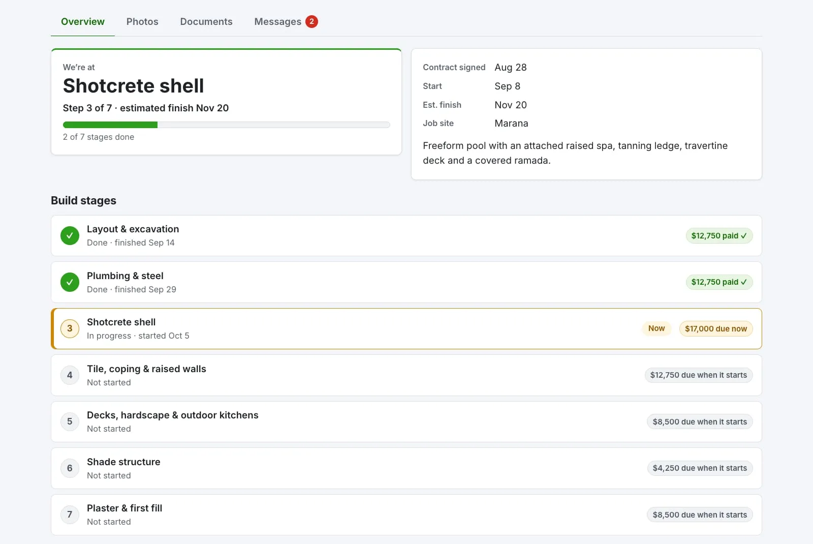 Meraki Pools AZ client portal showing a pool build at the Shotcrete shell stage, step 3 of 7, with the build stage tracker and payment status for each step.