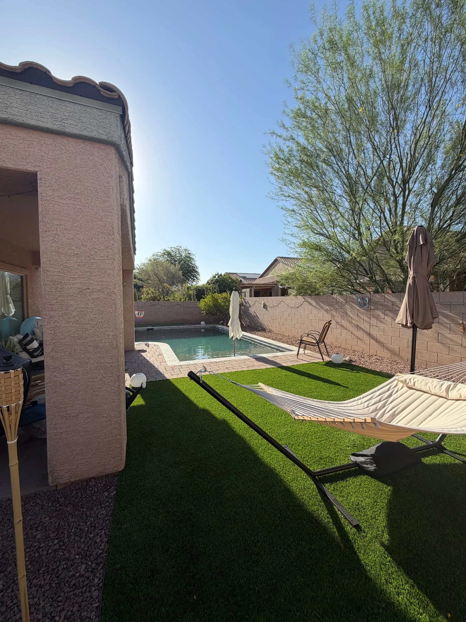 Finished pool seen past new turf in a side yard.