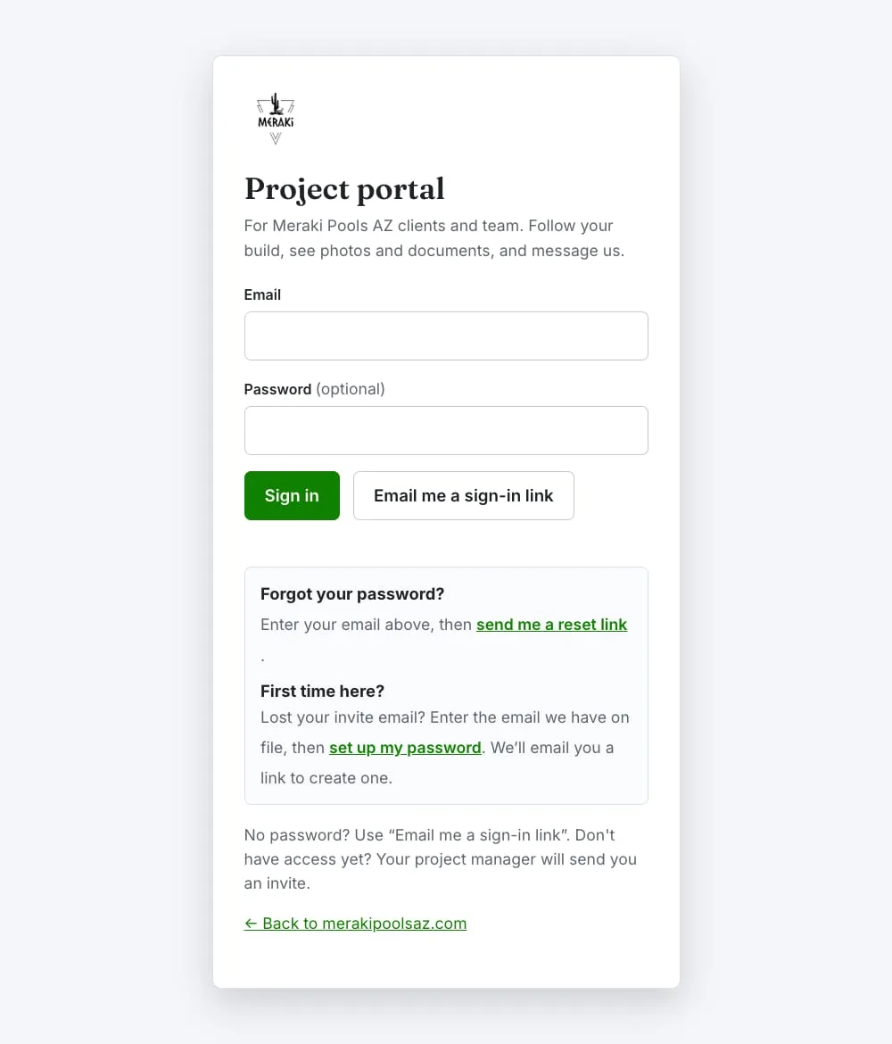 Meraki Pools AZ client portal sign-in page with email, password, and an option to email a sign-in link.