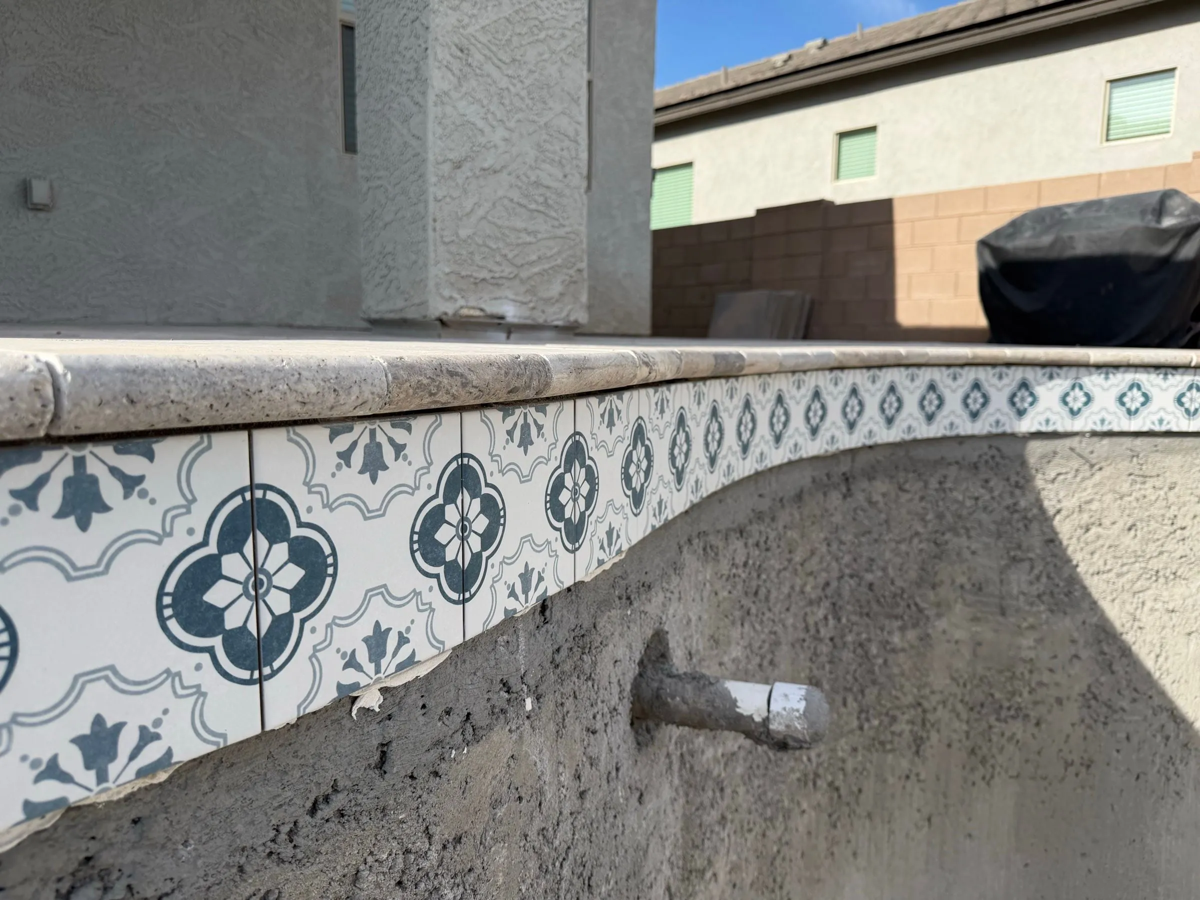 Close-up of blue-and-white patterned waterline tile on a freeform pool.
