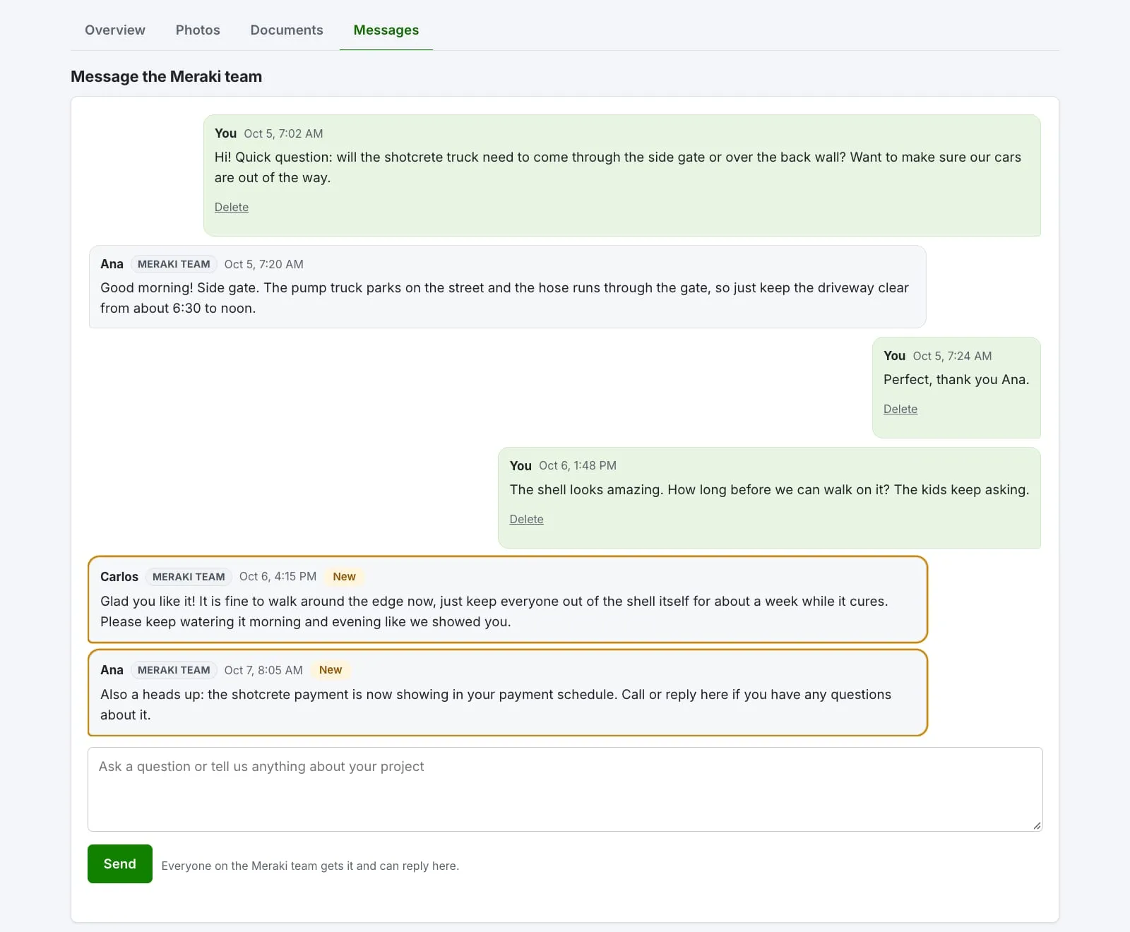 Pool builder client messages in the portal: a homeowner asks about the shotcrete truck and the walk-on time for the new shell, and the Meraki team replies.