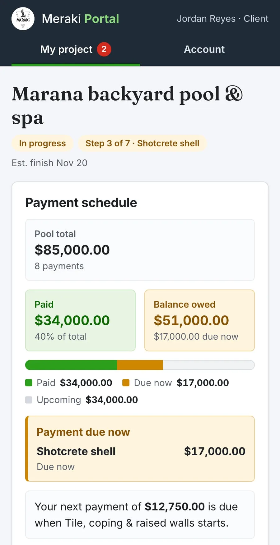 Pool client portal phone view showing the project name, step 3 of 7, and the payment summary on a small screen.