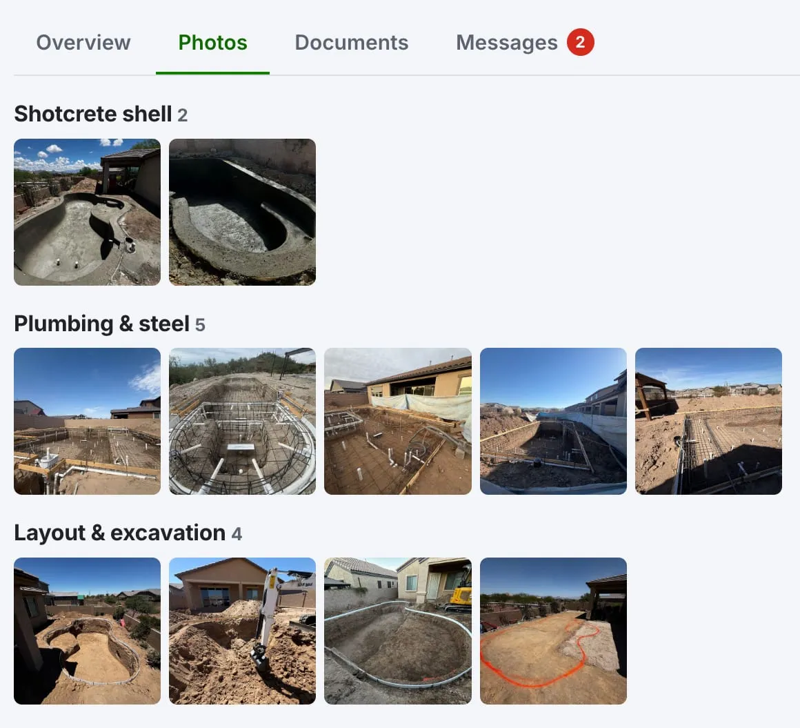 Pool build progress photos in the client portal grouped by stage: shotcrete shell, plumbing and steel, and layout and excavation.