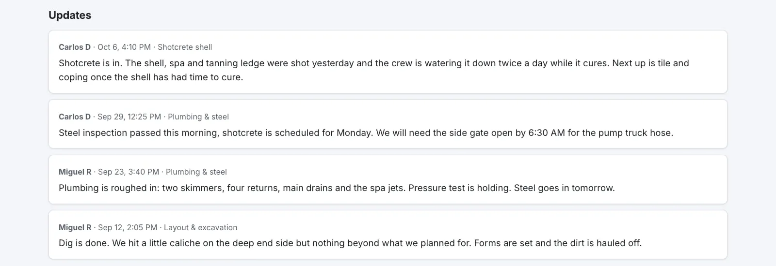 Pool construction updates in the client portal, including a note that steel inspection passed and shotcrete is scheduled.