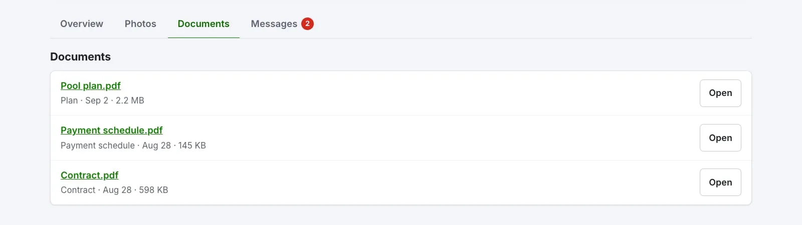 Pool project documents in the client portal: pool plan, payment schedule and contract, each with an Open button.