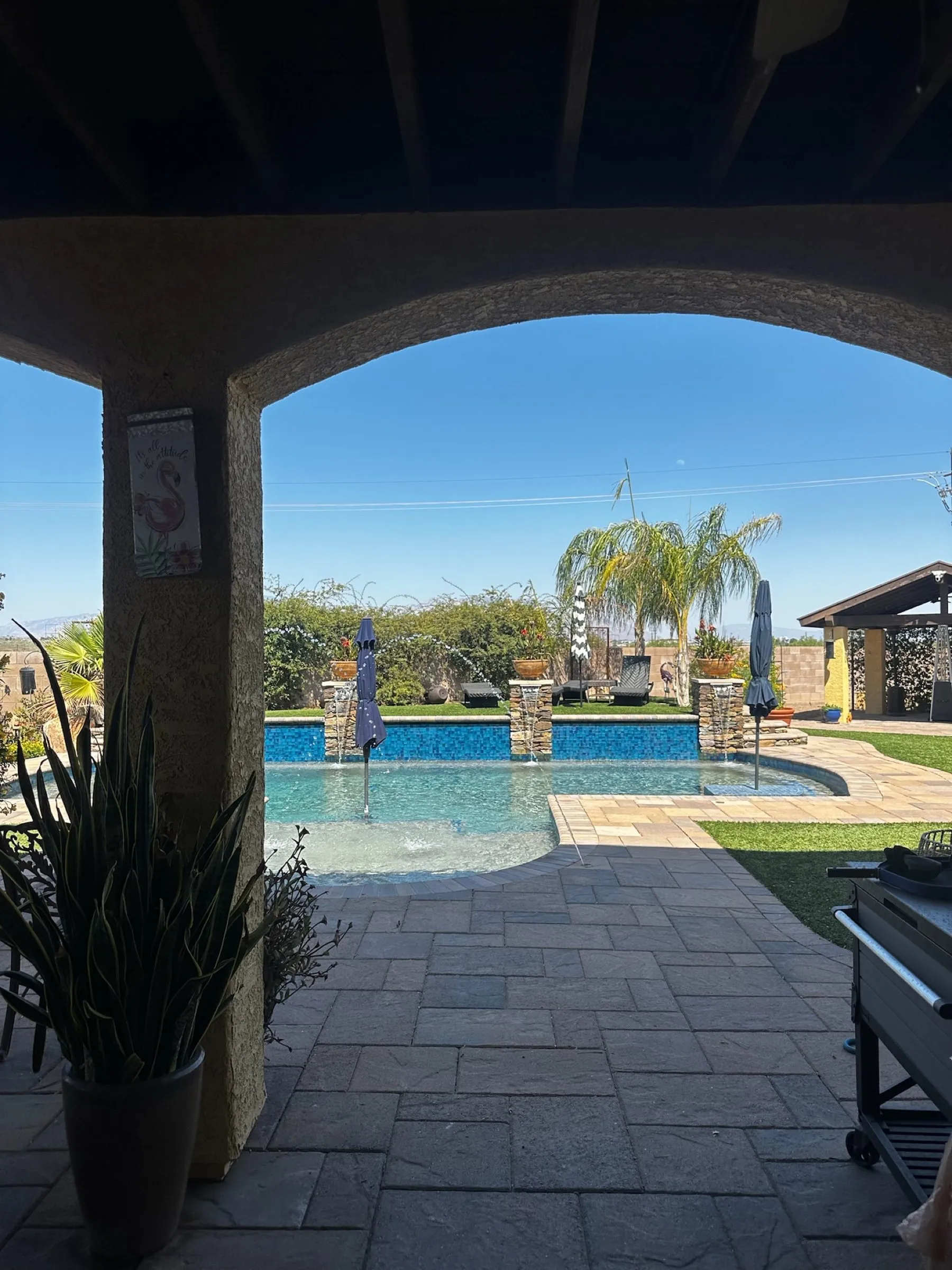 Arched covered patio framing a freeform pool with deck jets, stone columns and palm trees