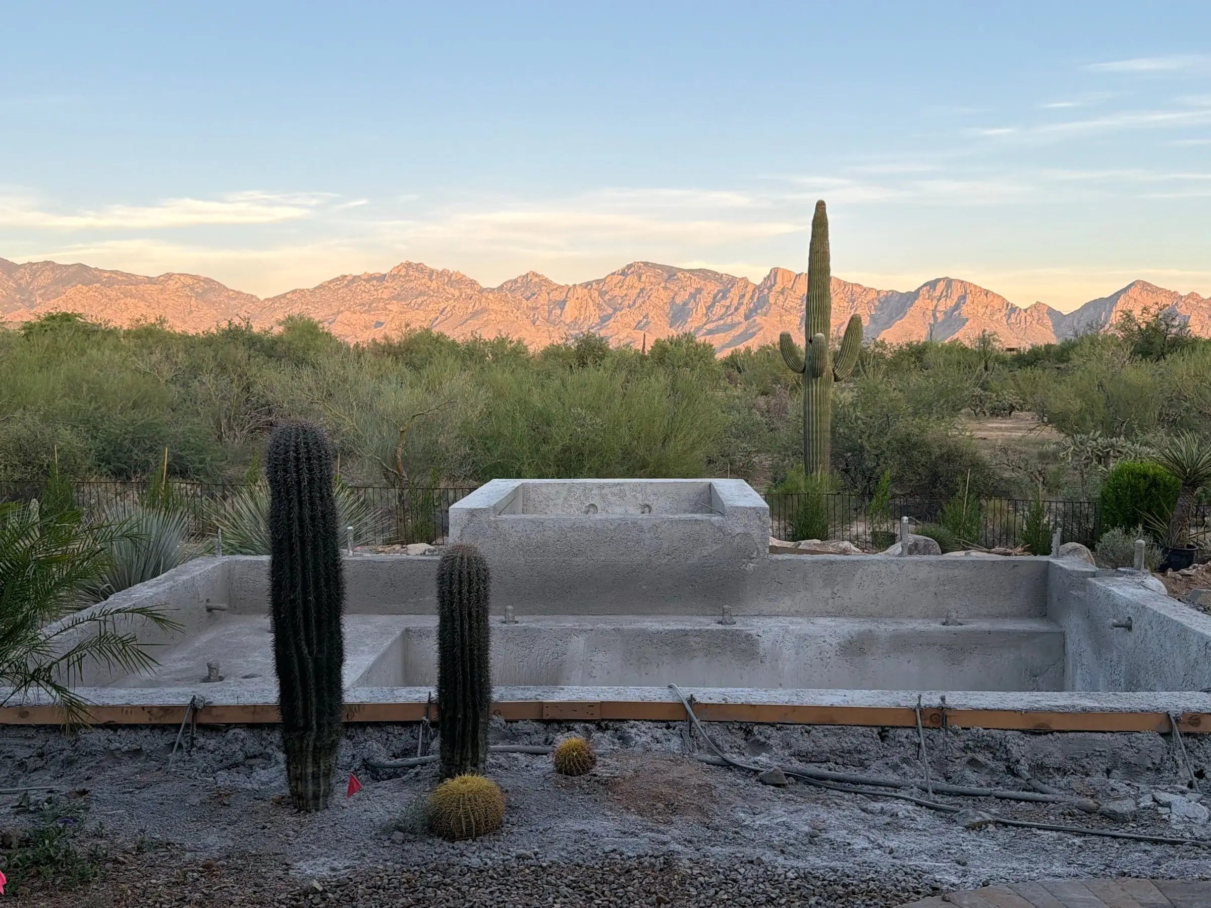 Shotcrete shell of a rectangular pool and raised spa with saguaros and mountains at sunset