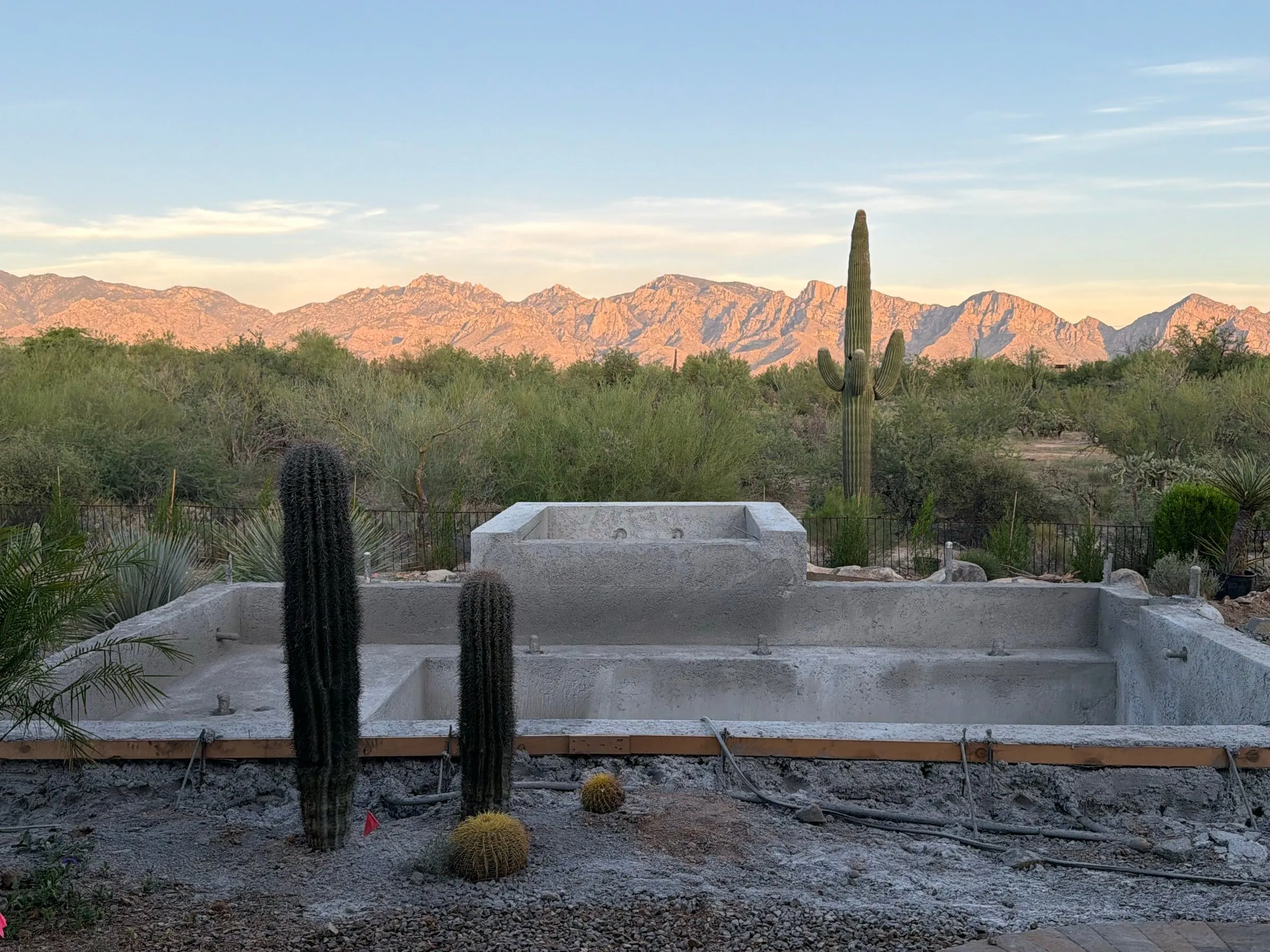 Shotcrete shell of a rectangular pool and raised spa with saguaros and mountains at sunset