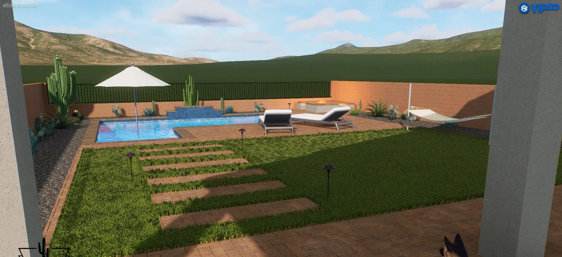 3D rendering of a backyard with paver stepping pads through turf leading to a pool and fire pit.