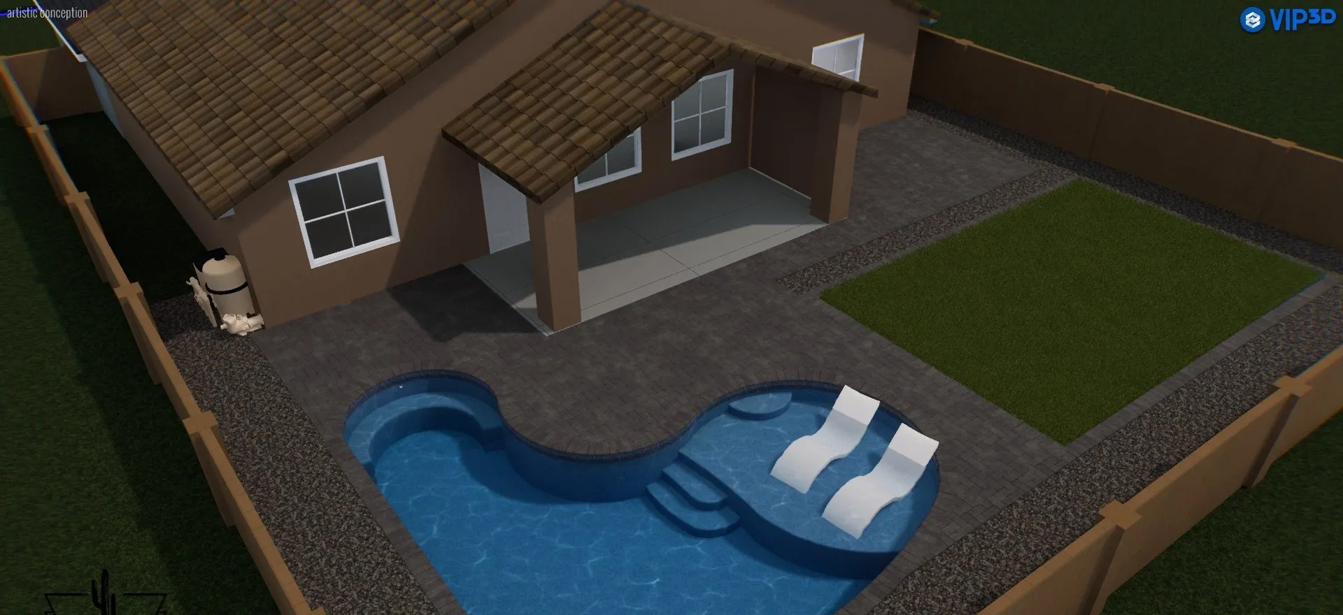 3D rendering of a freeform pool with tanning ledge loungers and a paver deck.