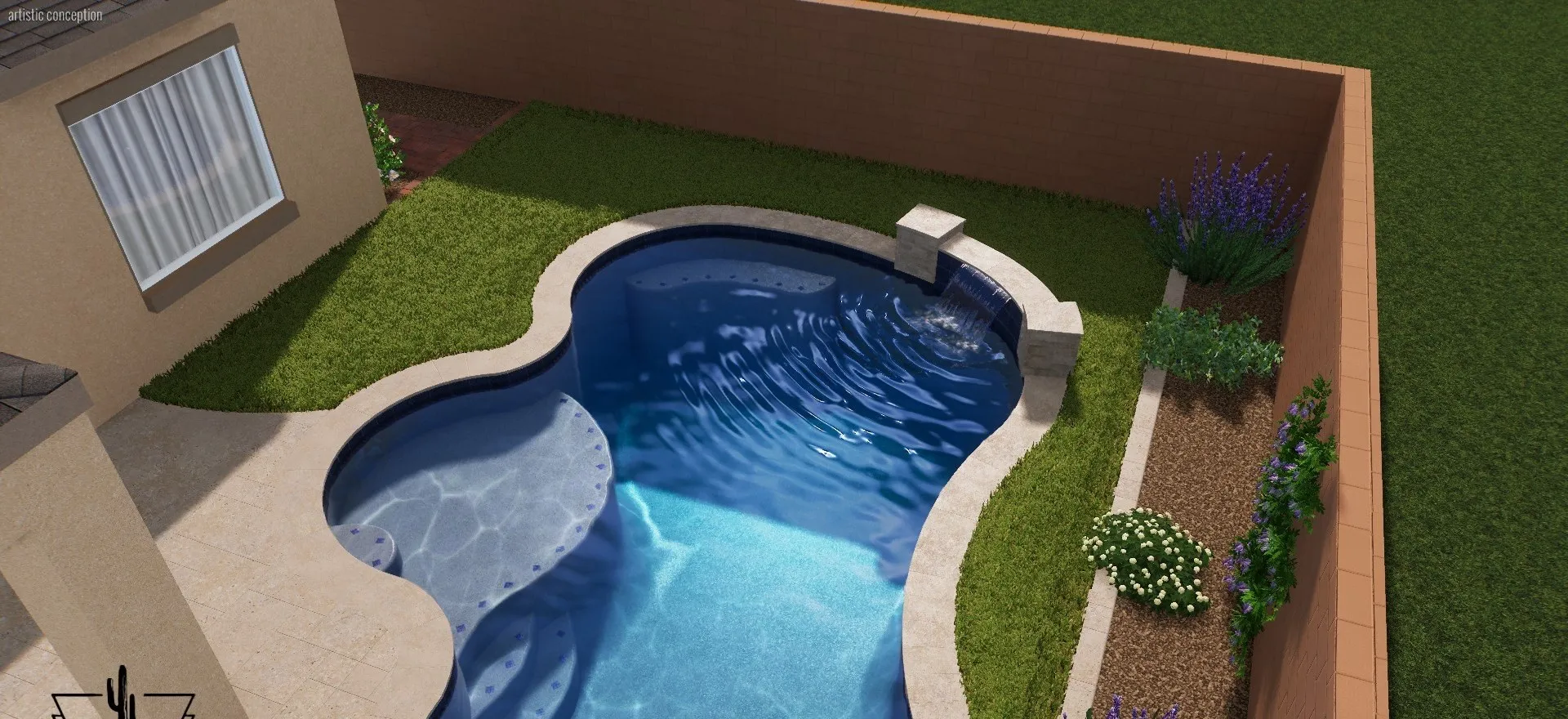 3D rendering overhead view of a freeform pool with tanning ledge, scupper and travertine deck.