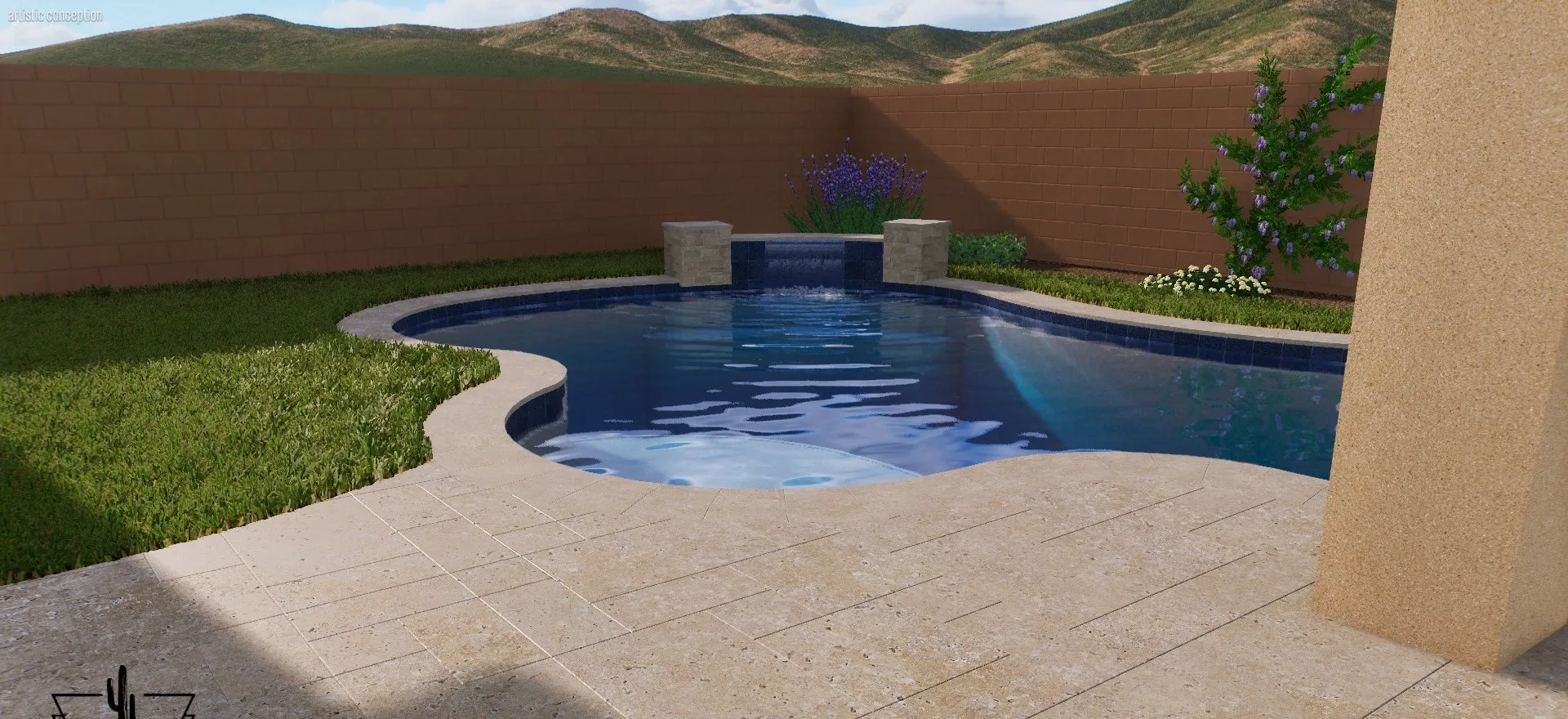 3D rendering of a freeform pool with a raised scupper wall and travertine patio.