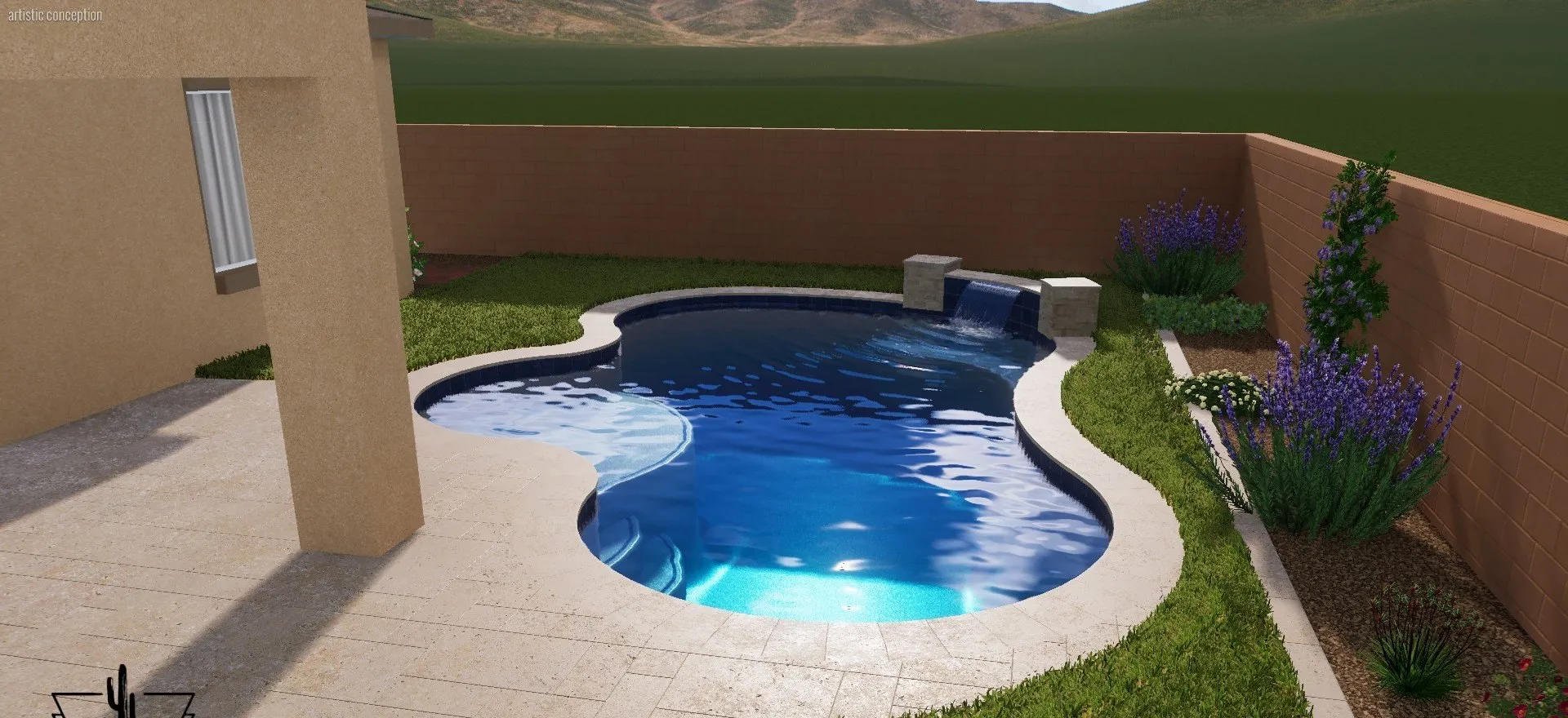 3D rendering of a freeform pool with tanning ledge, scupper wall and travertine deck.