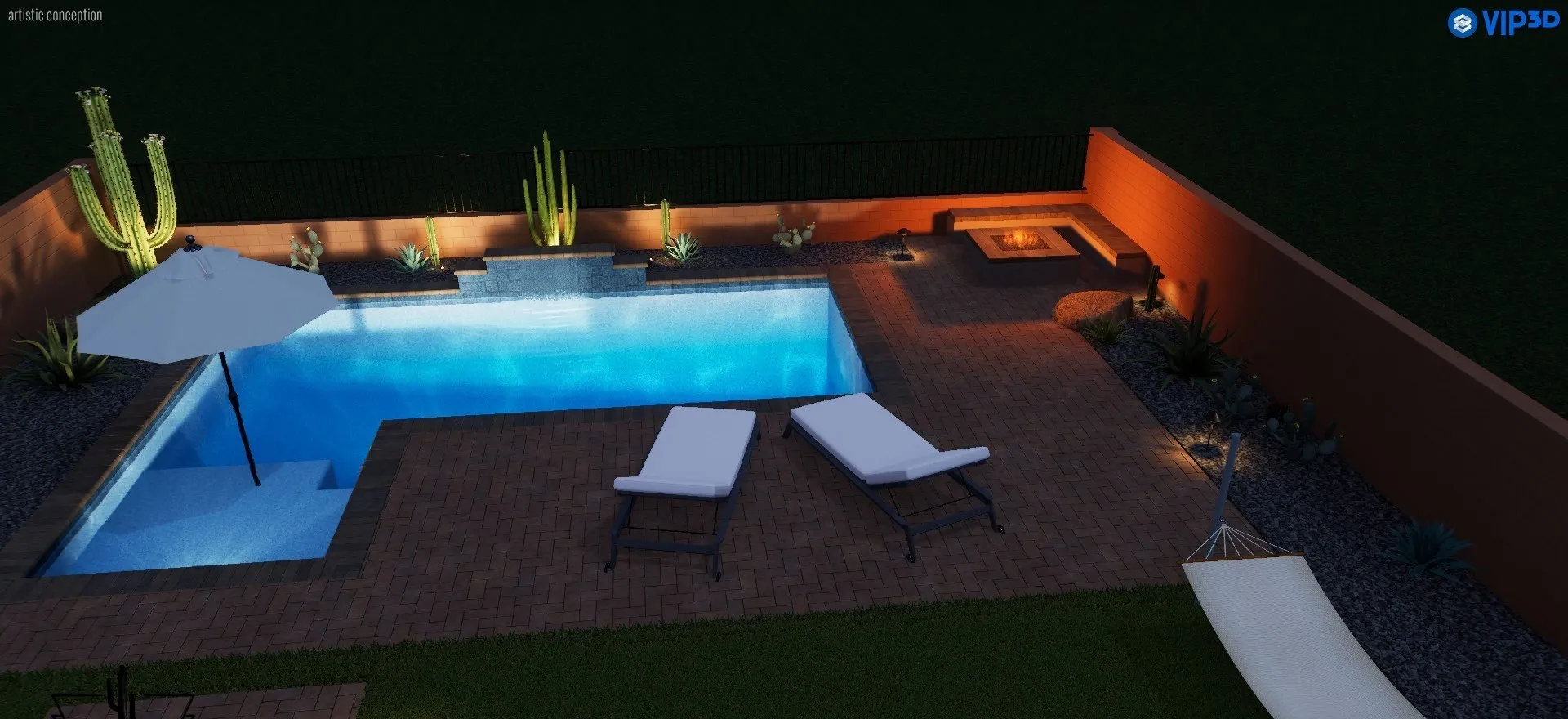 3D rendering of an L-shaped pool at night with tanning ledge, paver deck and fire pit.