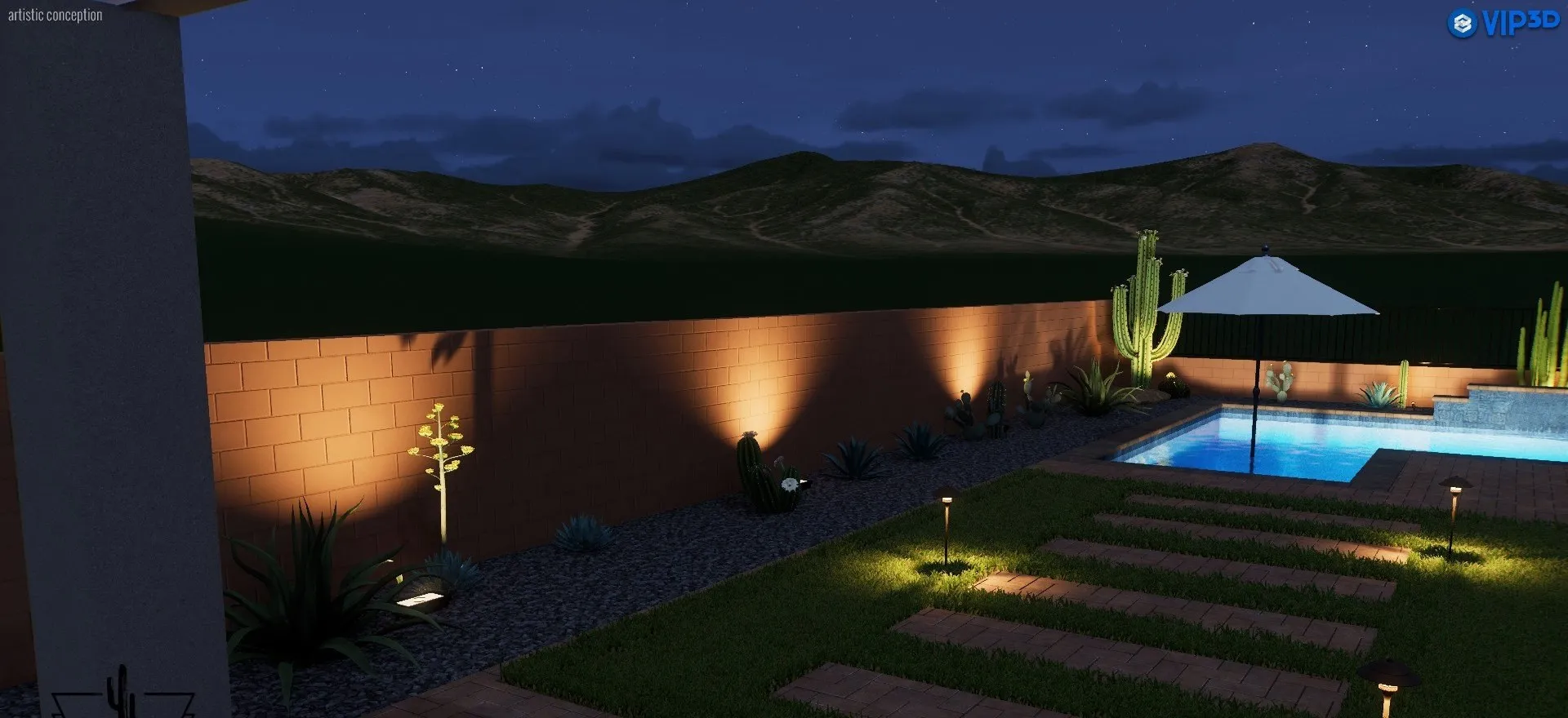 3D rendering of landscape lighting along turf stepping pads leading to a lit pool at night.