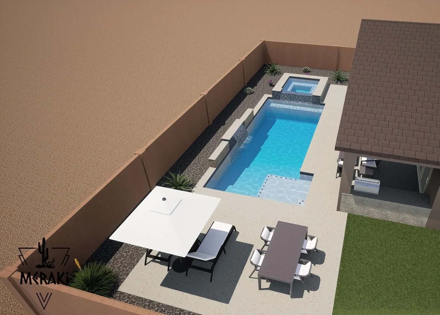 3D rendering of a long pool with raised wall, tanning ledge, umbrella lounge and dining area.