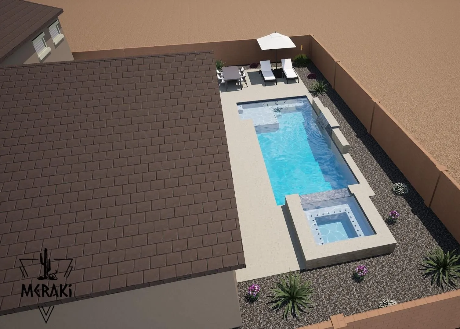 3D rendering aerial view of a long rectangular pool with attached spa along a side yard.