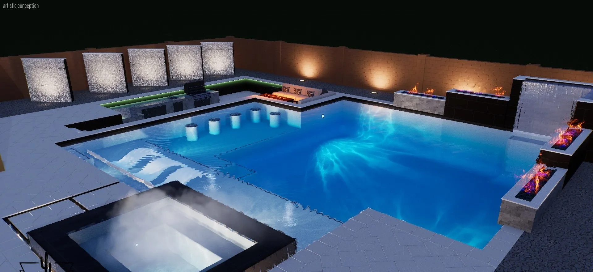 3D rendering of a pool at night with spa, fire bowls, sheer descent and swim-up bar stools.