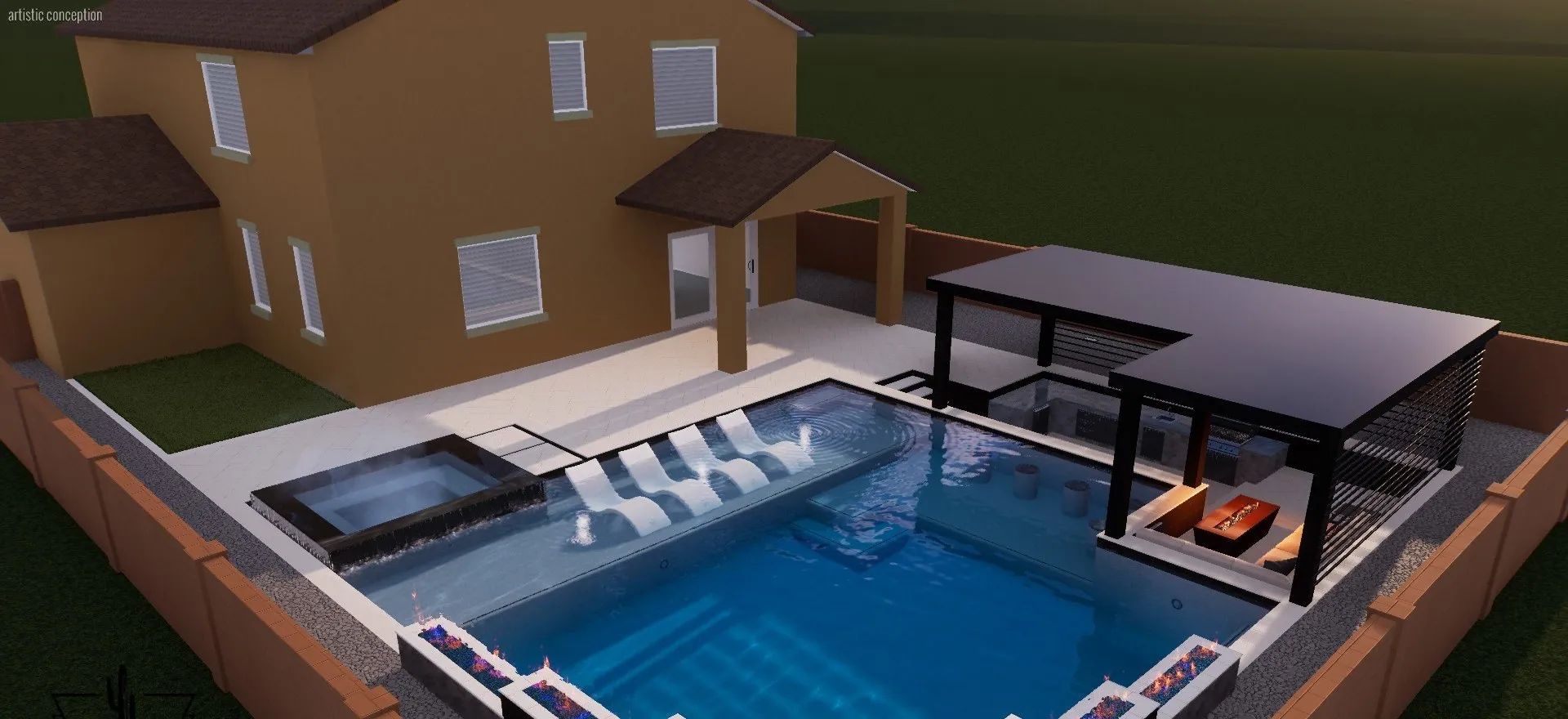3D rendering of a geometric pool with tanning ledge loungers, raised spa and fire pit pergola.