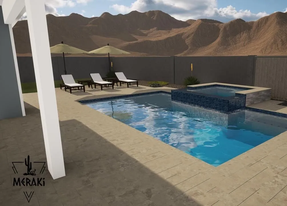 3D rendering of a pool with a glass-tiled raised spa, loungers and mountain views.