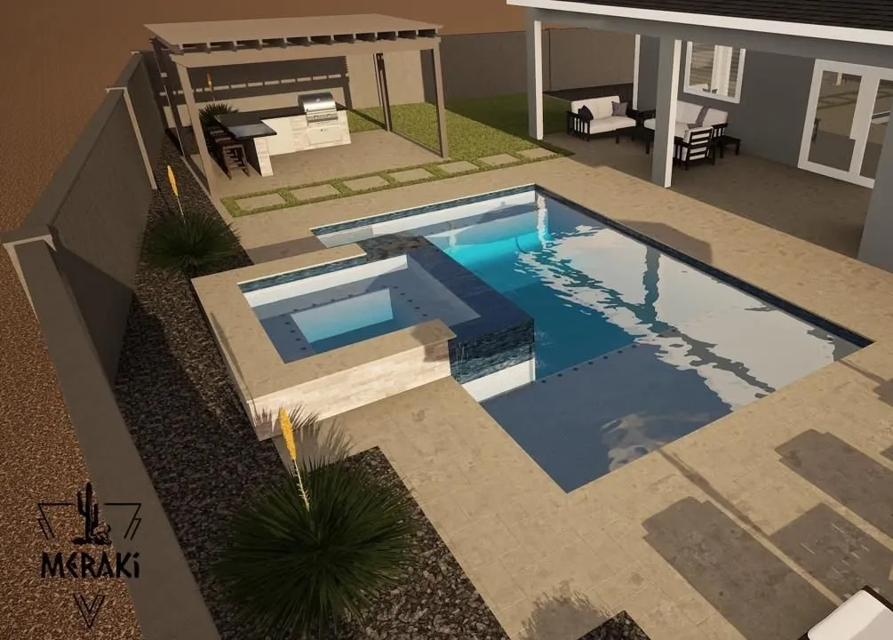 3D rendering of a pool with spillover spa, pergola outdoor kitchen and turf stepping pads.