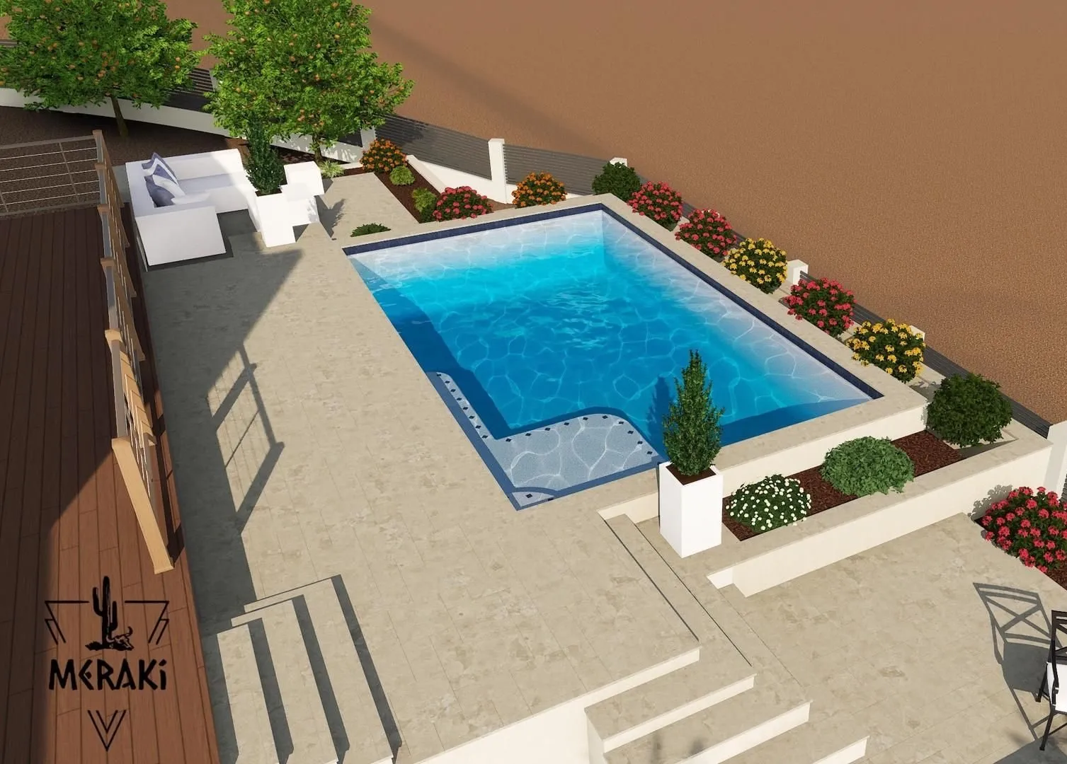 3D rendering of a raised pool with tanning ledge surrounded by flowering planters and a deck.