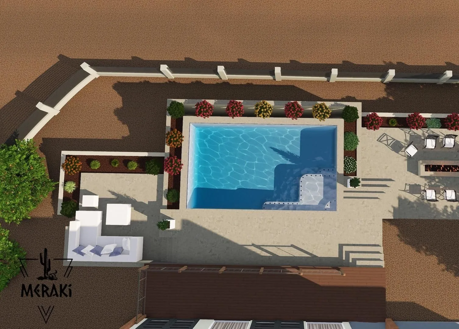 3D rendering overhead view of a raised pool terrace with planters, lounge and fire pit.