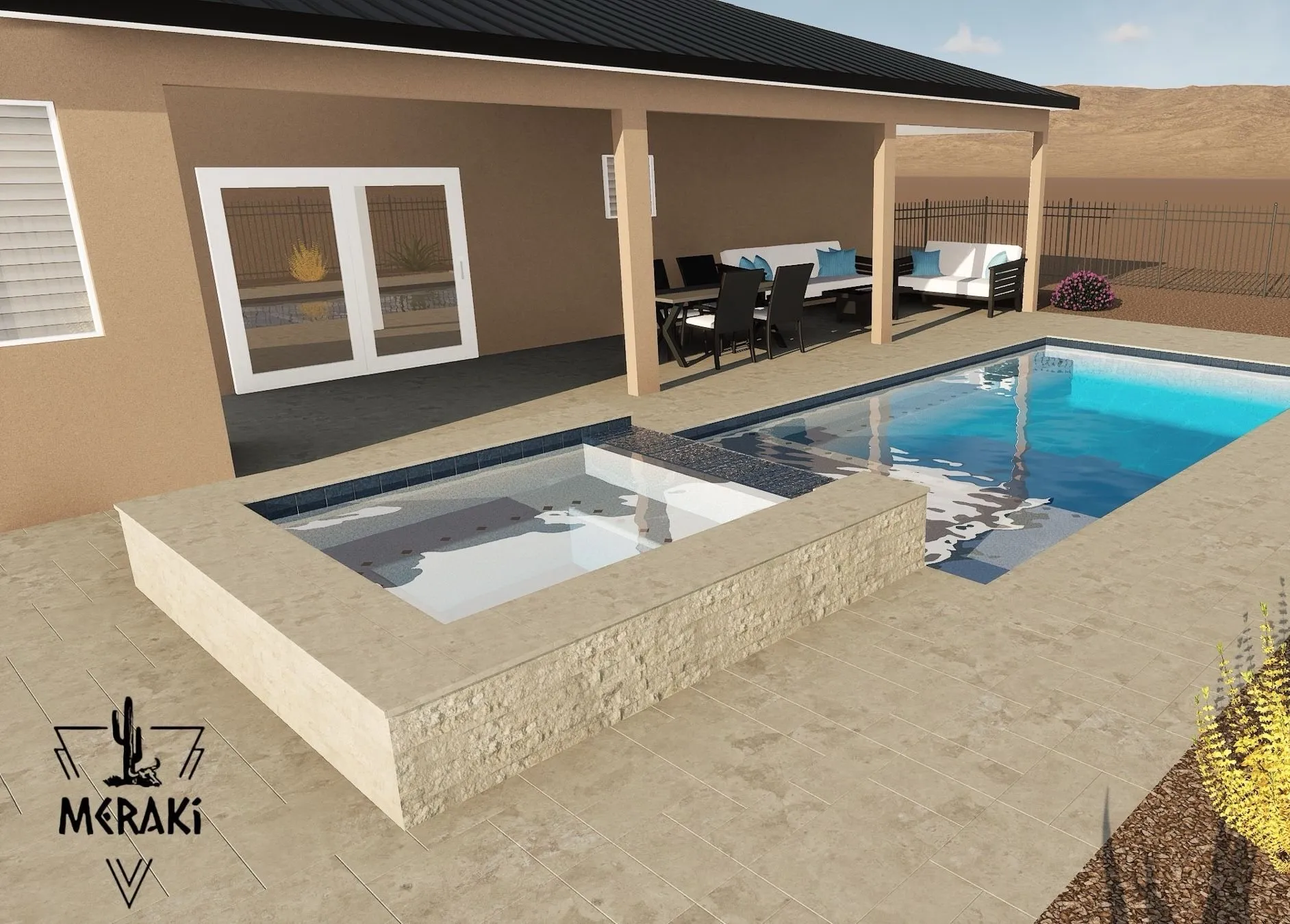 3D rendering of a raised spa with stacked stone veneer beside a rectangular pool and covered patio.