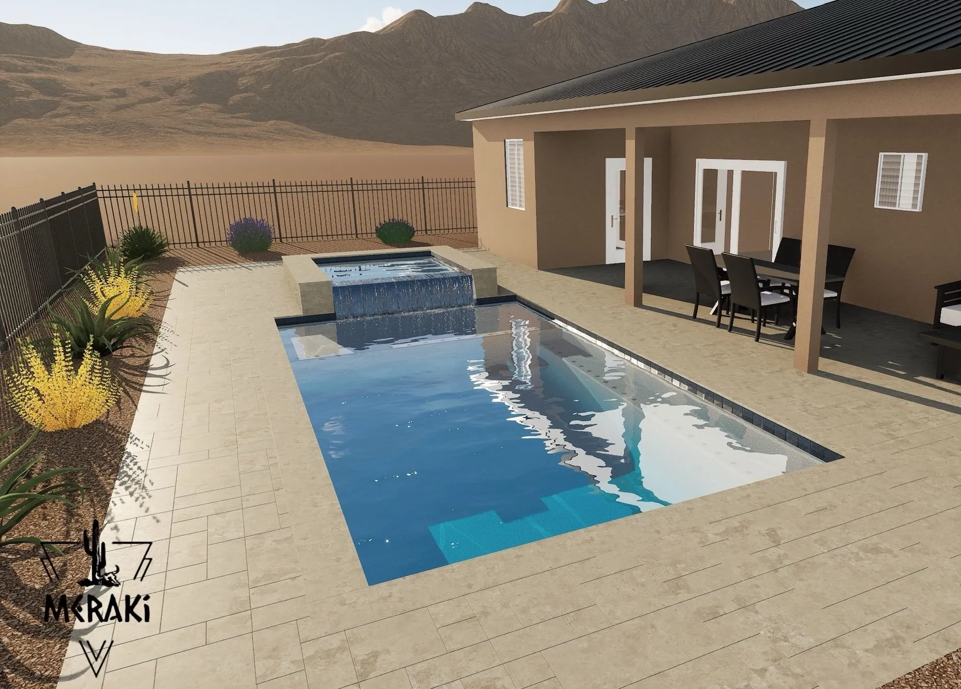 3D rendering of a rectangular pool with a spillover spa, stamped deck and covered patio seating.
