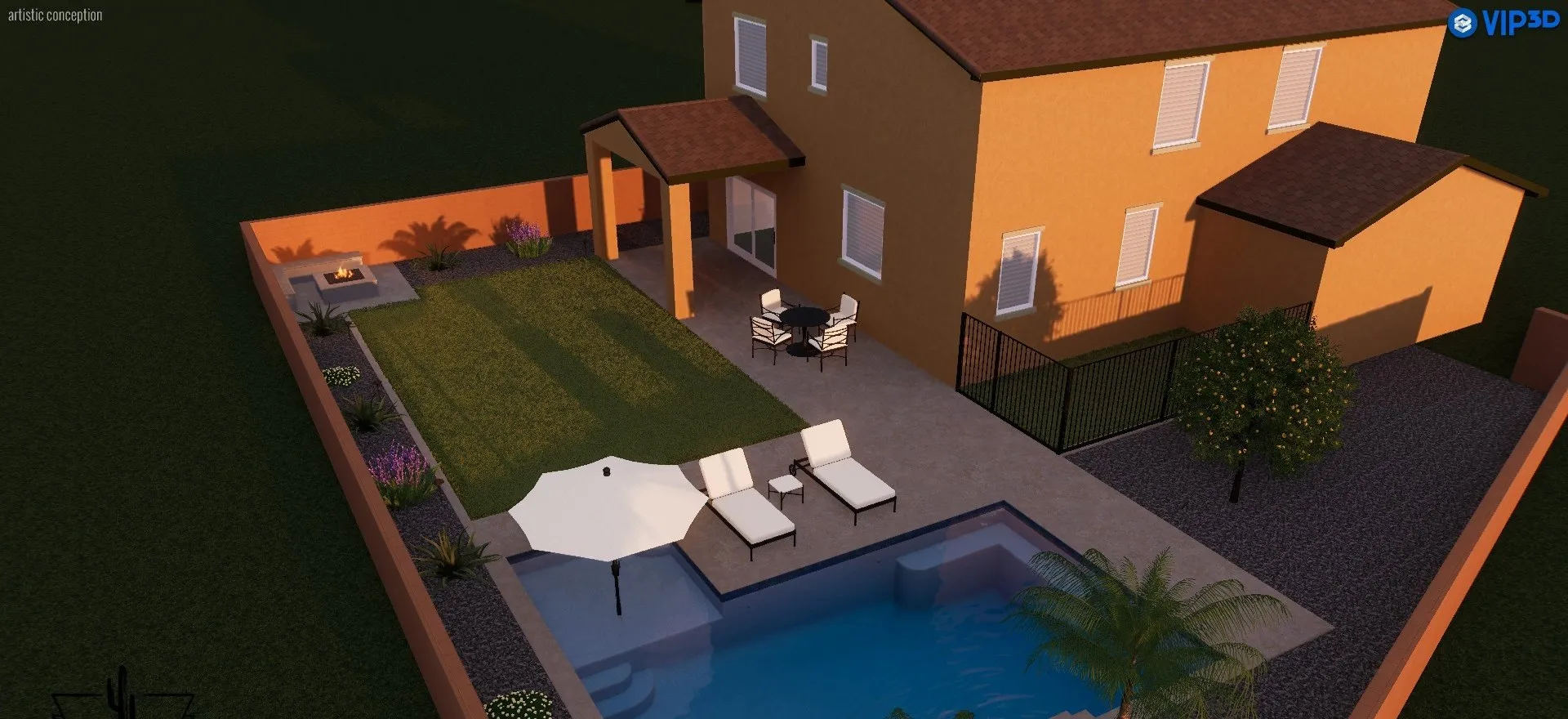 3D rendering of a rectangular pool with tanning ledge, raised spa, turf and fire pit.