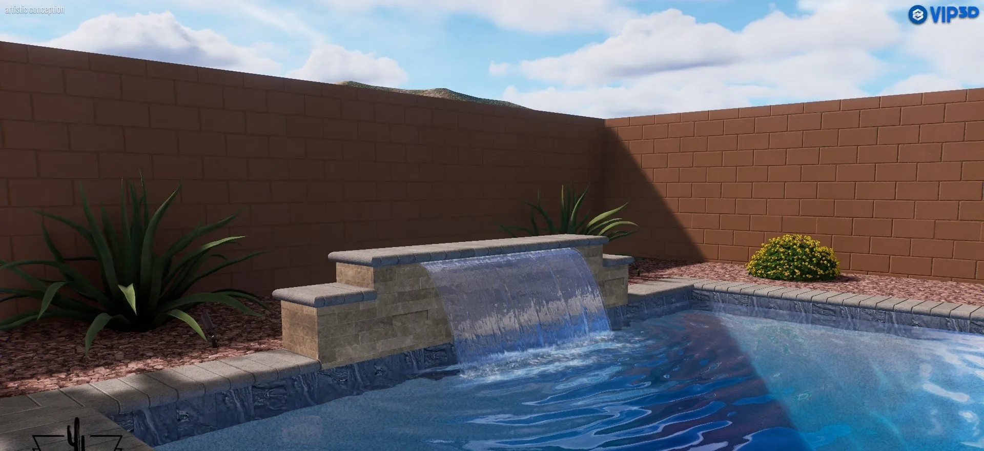3D rendering of a small pool with a stacked stone sheer descent wall and desert plants.