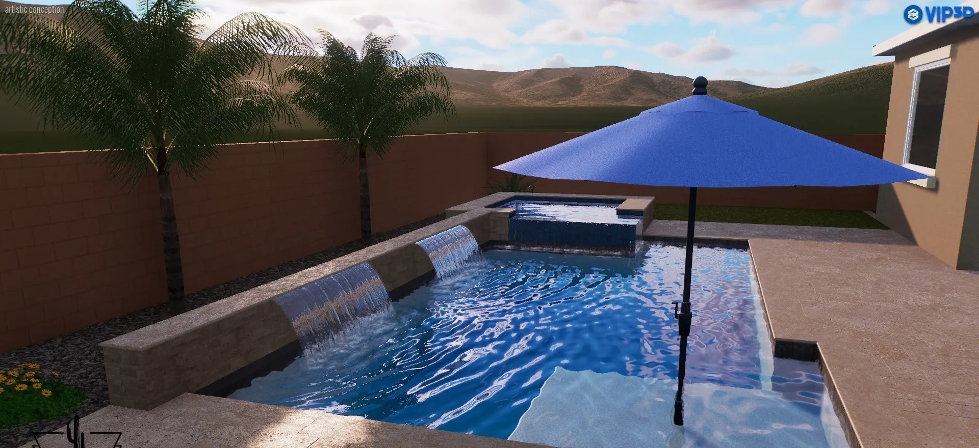 3D rendering of a pool with tanning ledge umbrella, twin sheer descents and raised spa.