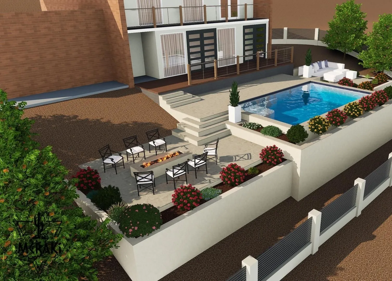 3D rendering of a terraced yard with raised pool, steps and a fire pit seating area.