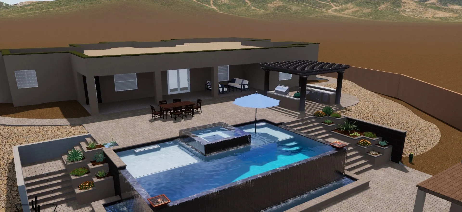 3D rendering of a vanishing edge pool with raised spa, terraced planters and a pergola.